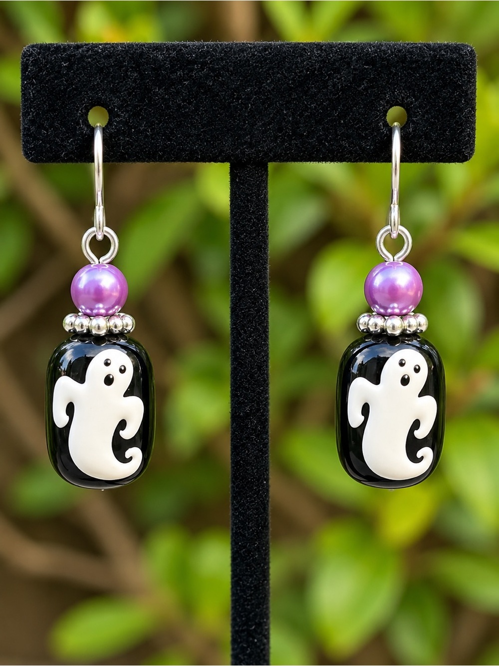 New Hand Painted Ghost Charm Black and Purple Dangle Halloween Earrings